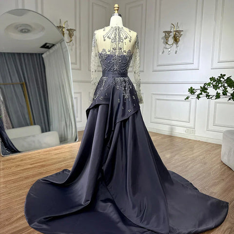 Luxury Beaded Blue Long Sleeves Evening Dresses with Overskirt  LA72757