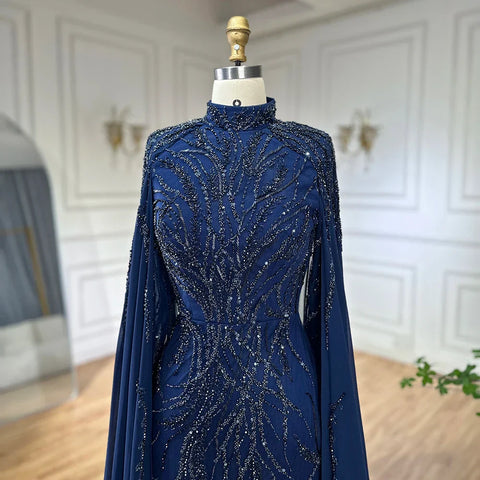 Muslim Sage Green Mermaid Cape Sleeves Beaded Satin Luxury Evening Dresses Gowns for Women Party 2025 LA72413A