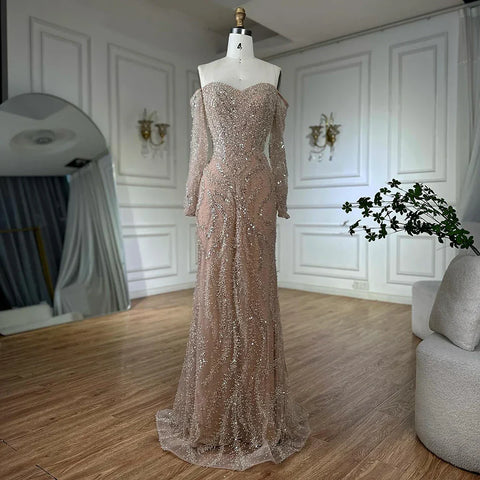 Vestidos de noche de lujo con cuentas, mangas largas con hombros descubiertos y lentejuelas brillantes LA72824A