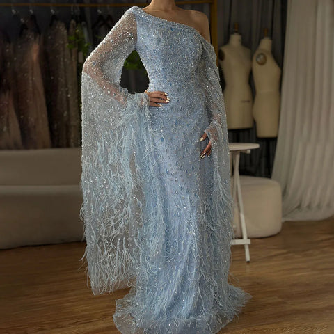 Luxury Feather One Shoulder Evening Dress with Cape Sleeves LA72763