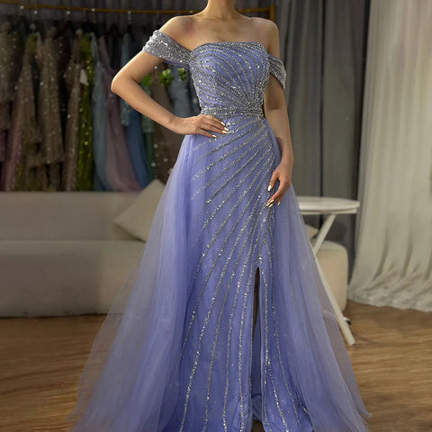 Blue Sexy Boat Neck Split Mermaid Elegant Beaded Arabic Evening Dresses Gowns For Woman Wedding Party 2025 LA71858