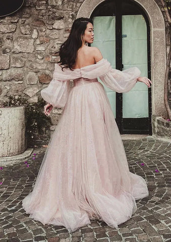 2025 Arabic Pink A-Line Off-the-Shoulder Side Split Luxury Dubai Prom Dress for Women's Party LA72677