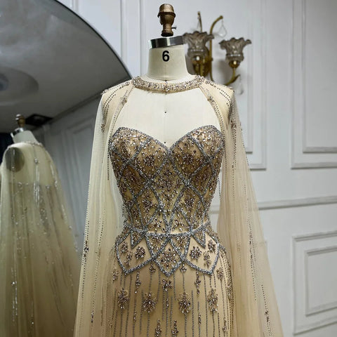 2025 Nude Saudi Evening Gown Mermaid Detachable Cape Sleeves Luxury Beaded Dress for Formal Occasion LA72716