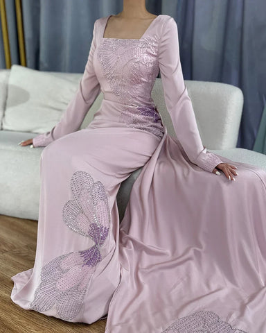 2025 Arabic Pink Mermaid Elegant Beaded Satin Luxury Dubai Evening Dresses Gowns For Women Party LA72001A