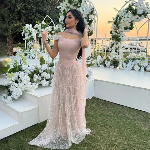 Off Shoulder Beaded A-Line Evening Dress Gown with Corset LA72922