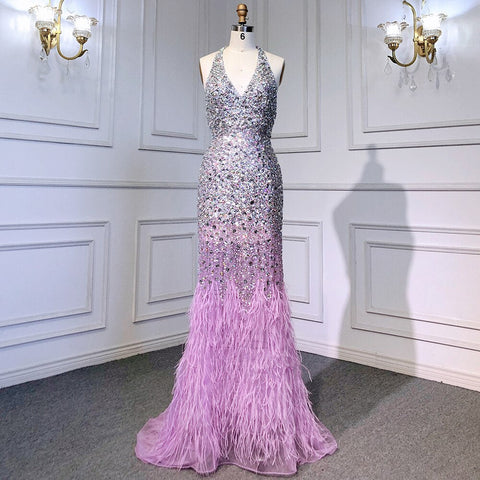 Purple Mermaid Elegant Sexy Spaghetti Straps Evening Dresses Gowns Luxury Feather Shiny Beaded 2025 Woman LA71736