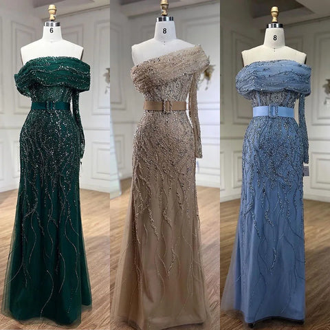 Vestidos de noche de lujo estilo sirena color nude árabe, con un solo hombro y cuentas, estilo Dubai, para mujer, ideales para bodas y fiestas (2025) LA72161 
