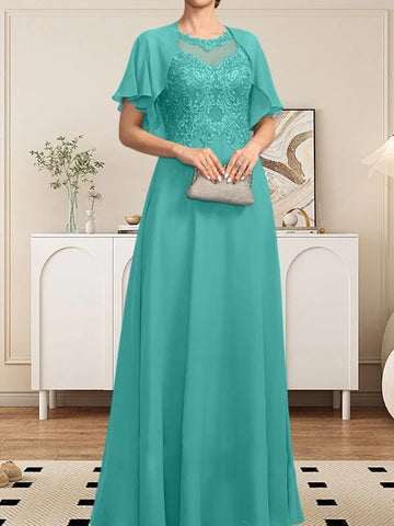 A-line Scoop Illusion Floor-Length Lace Chiffon Mother of the Bride Dress With Sequins
