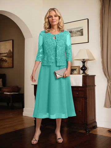 A-line Scoop Tea-Length Lace Chiffon Mother of the Bride Dress With Sequins