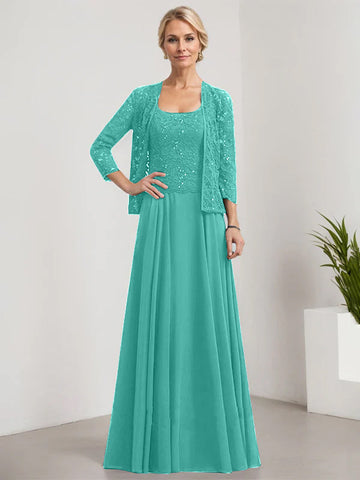 A-line Square Floor-Length Lace Chiffon Mother of the Bride Dress With Sequins