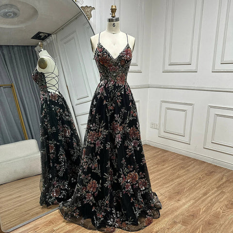 2025 Spaghetti Strap A-Line Black Beaded Luxury Prom Dress for Formal Occasion Saudi Arabic LA72773