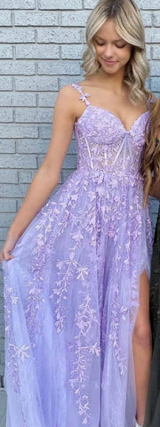 erene Hill 2025 Arabic Lilac A-Line Spaghetti Straps Long Lace Prom Dress with Split LA72692