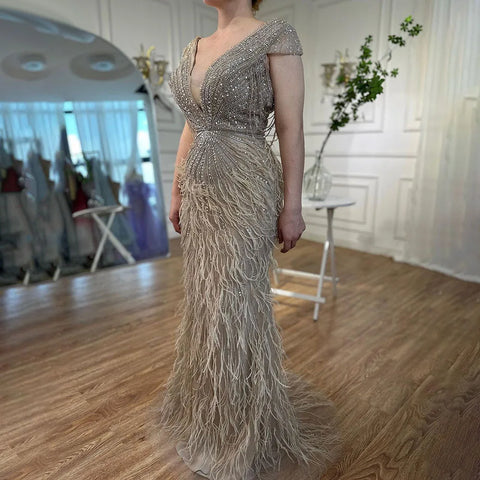 Brown Mermaid Elegant Luxury Beaded Evening Dress Gown with Feathers LA70801