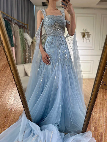 2025 pink Beaded Spaghetti Strap Design A-Line Evening Dresses Gowns with Cape Sleeves for Formal Occasion LA72726