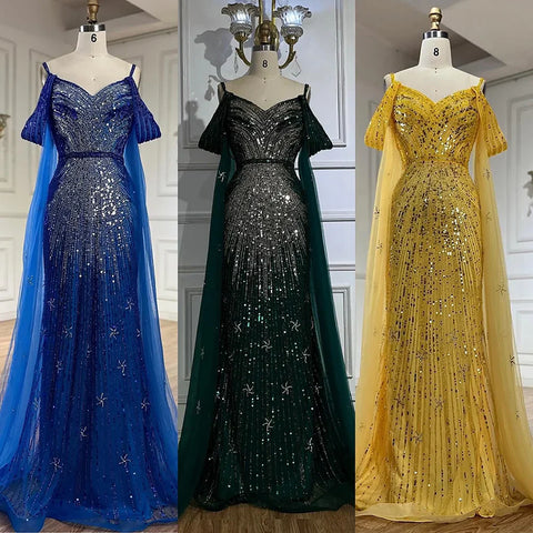 2025 Spaghetti Strap Blue Mermaid Beaded Luxury Evening Dress with Cape Sleeves for Formal Occasion Saudi LA72707