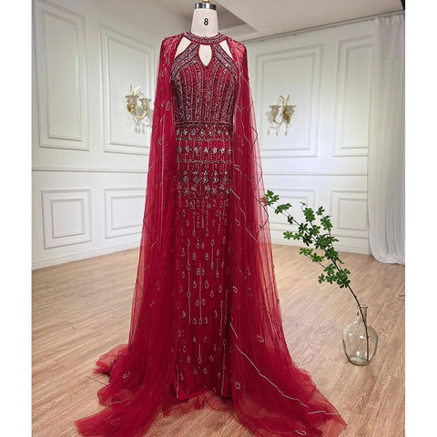 Luxury Dubai Mermaid Fuchsia Evening Dresses with Cape Sleeves LA71817