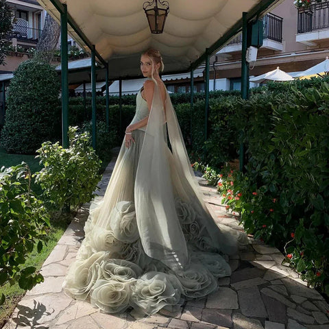 Elegant Sage Green 3D Flowers A Line Evening Dresses Gowns LA72913