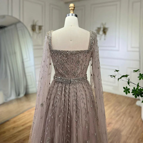 Muslim Caramel Beaded A-Line Luxury Evening Dress Gown with Cape Sleeves LA71803A