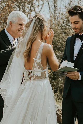 See Through Lace Ivory Tulle V-neck V-back Beach Wedding Dresses WD419