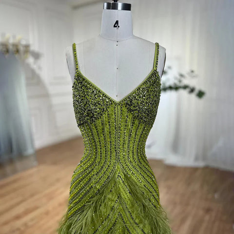 On Sale no return no refund Yellow Green Feathers Mermaid Sundress Evening Gowns Beaded Ankle Length Party Drsses 2025 For Women LA72055