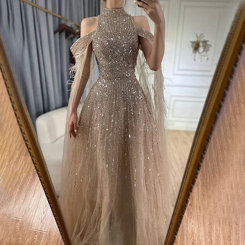 2025 Arabic Turquoise Cape Sleeves A-Line Beaded Feathers Long Evening Gowns for Women Wedding Party LA72644