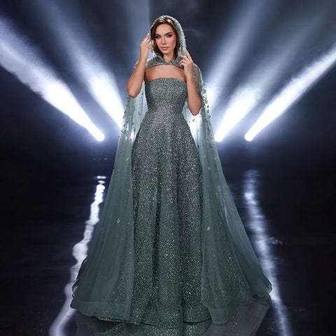 2025 Saudi Arabic Turquoise Evening Gown with Beaded Dress and Elegant Hooded Cape for Formal Occasion LA72659A