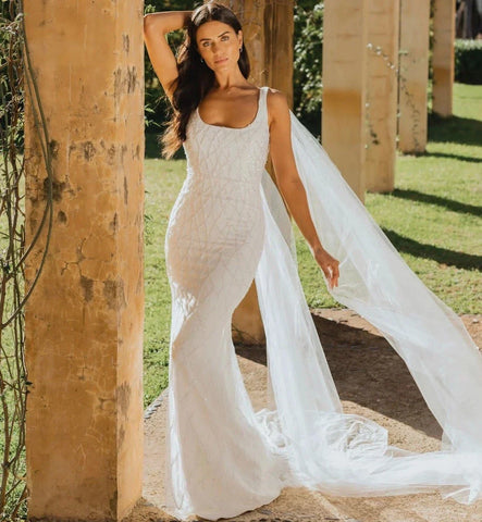 Robes de mariée sirène à sequins 2023 pour femmes, robes de mariée modernes sans manches à col carré en satin et tulle, robes de mariée