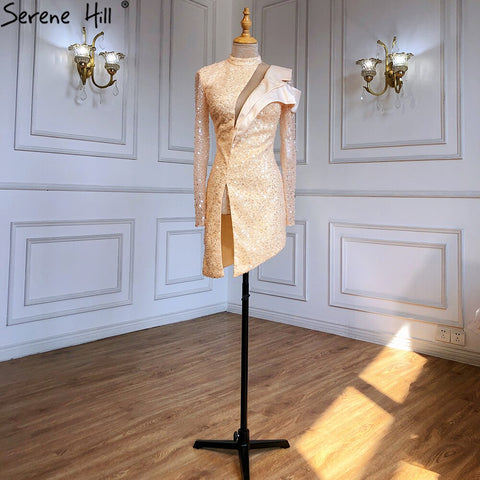 Vestidos de fiesta asimétricos dorados 2025 con perlas y cuentas, sexys y lujosos para mujer, modelo LA71399 