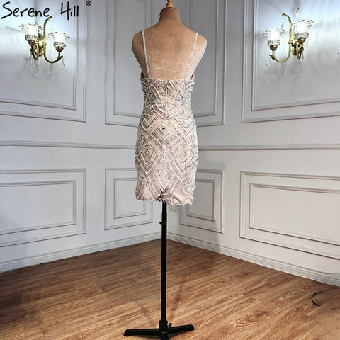 Nude Silver Short Dresses Cocktail Gowns 2025 Beading Diamond Sexy For Women Party LA70879