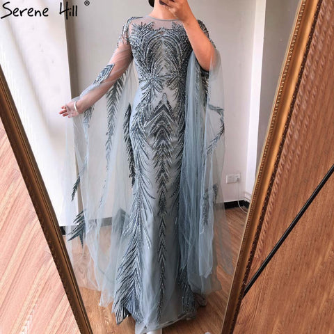 Grey Mermaid Luxury Evening Dresses Gowns 2025 Long Sleeves Beading Elegant For Women Party LA70576