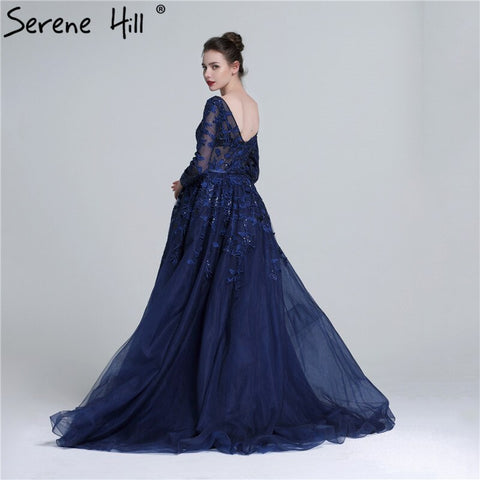 Sale 2025 Dark Blue Deep-V Tulle Evening Dresses Newest Long Sleeve Appliques Sequined Gowns LA6099