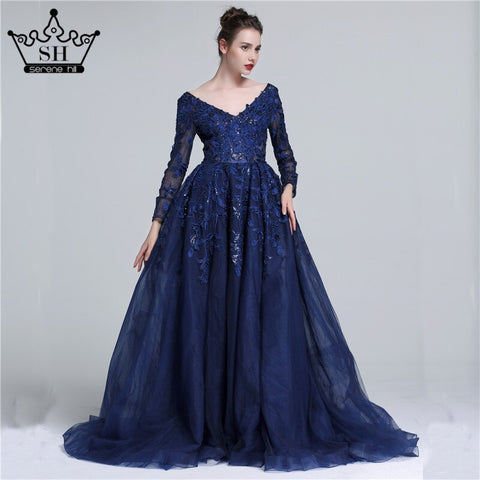 Sale 2025 Dark Blue Deep-V Tulle Evening Dresses Newest Long Sleeve Appliques Sequined Gowns LA6099