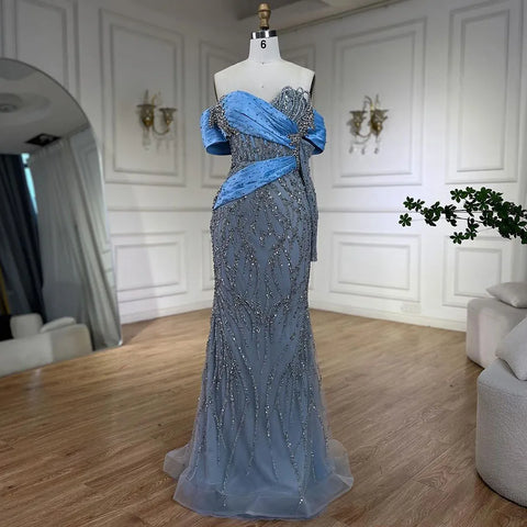 2025 Arab Blue Boat Neck Mermaid Long Evening Dress - Elegant Gown with Beaded for Women's Party LA72369