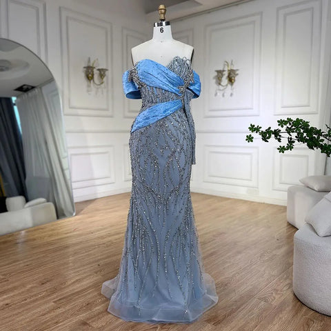 2025 Arab Blue Boat Neck Mermaid Long Evening Dress - Elegant Gown with Beaded for Women's Party LA72369