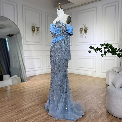 2025 Arab Blue Boat Neck Mermaid Long Evening Dress - Elegant Gown with Beaded for Women's Party LA72369