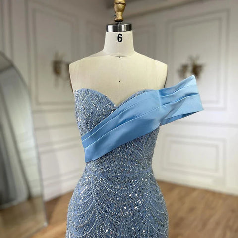 2025 Arab Blue One Shoulder Mermaid Evening Dress Luxury Gown with Beaded for Women's Party LA72370