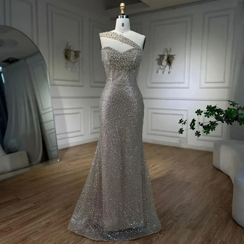 2025 Arab Nude One Shoulder Mermaid Evening Dress Elegant Luxury Gown with Beaded for Women's Party LA72365