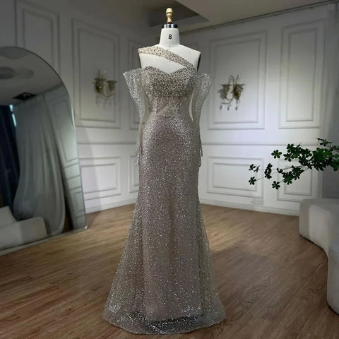 2025 Arab Nude One Shoulder Mermaid Evening Dress Elegant Luxury Gown with Beaded for Women's Party LA72365
