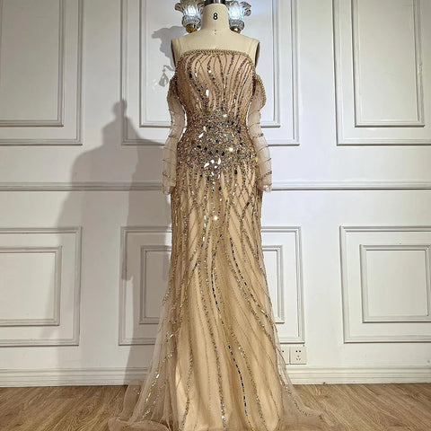 2025 Arabia Gold Mermaid Luxury Beaded Off Shoulder Dubai Evening Dresses Gowns for Women Wedding Party LA72404