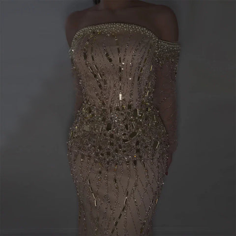 2025 Arabia Gold Mermaid Luxury Beaded Off Shoulder Dubai Evening Dresses Gowns for Women Wedding Party LA72404