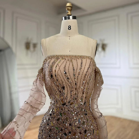 2025 Arabia Gold Mermaid Luxury Beaded Off Shoulder Dubai Evening Dresses Gowns for Women Wedding Party LA72404