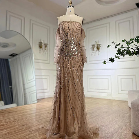 2025 Arabia Gold Mermaid Luxury Beaded Off Shoulder Dubai Evening Dresses Gowns for Women Wedding Party LA72404