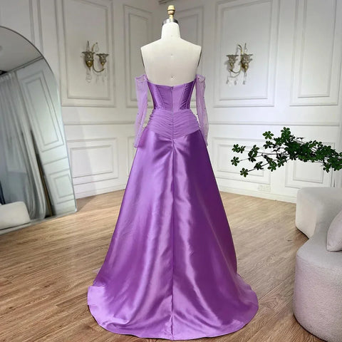 2025 Arabia Purple Strapless A-Line With Gloves Luxury Beaded Evening Gown Satin Women's Wedding Party LA72436