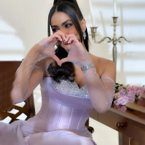 2025 Arabia Purple Strapless A-Line With Gloves Luxury Beaded Evening Gown Satin Women's Wedding Party LA72436