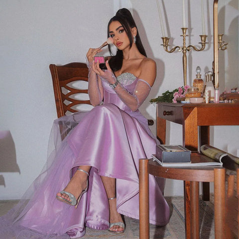 2025 Arabia Purple Strapless A-Line With Gloves Luxury Beaded Evening Gown Satin Women's Wedding Party LA72436