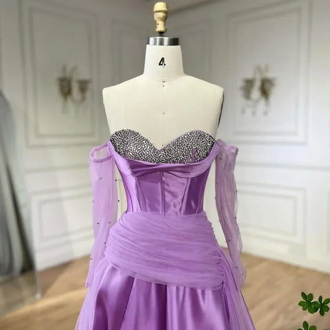 2025 Arabia Purple Strapless A-Line With Gloves Luxury Beaded Evening Gown Satin Women's Wedding Party LA72436