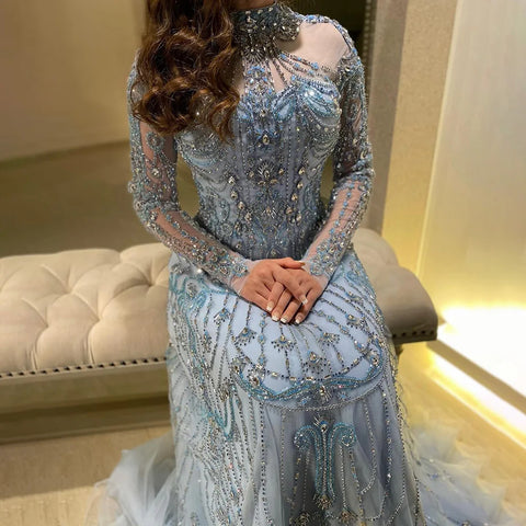 2025 Arabic A-Line Blue Lace Beaded Luxury Evening Gowns for Women's Party Dubai LA72704