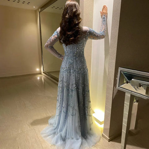 2025 Arabic A-Line Blue Lace Beaded Luxury Evening Gowns for Women's Party Dubai LA72704