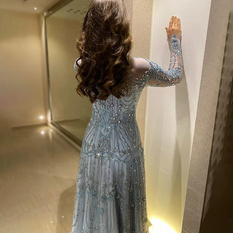 2025 Arabic A-Line Blue Lace Beaded Luxury Evening Gowns for Women's Party Dubai LA72704