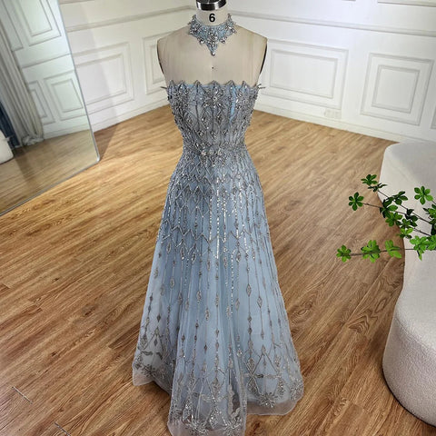 2025 Arabic A-Line Elegant Strapless Blue Saudi Evening Gown Luxury Beaded Dress for Formal Occasion LA72717